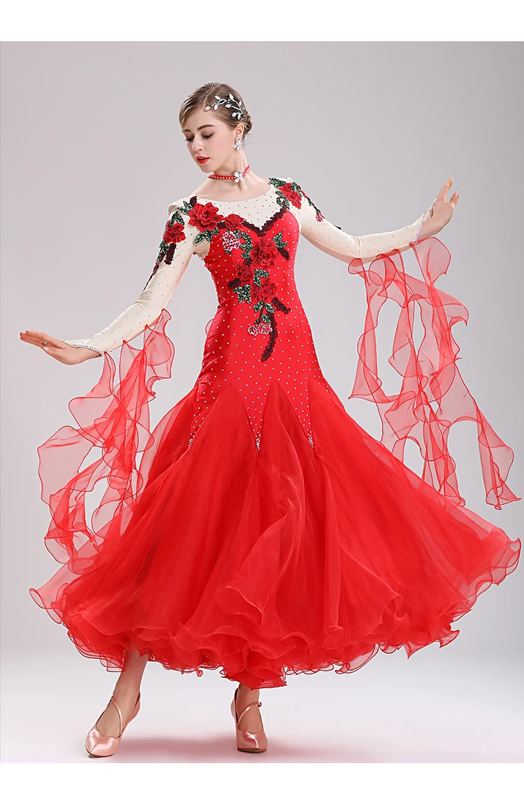 Современный танцевальный костюм женское элегантное красное/фиолетовое платье с длинным рукавом для бальных танцев, соревнование, платье