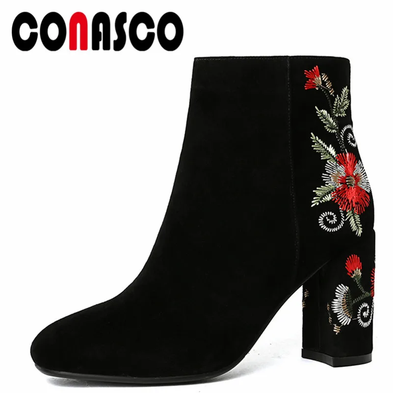 

CONASCO1Fashion Women Ankle Boots Suede Leather Autumn Winter Warm High Heels Shoes Woman Round Toe Embroider Ladies Basic Boots