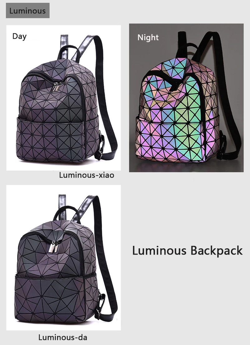 Nevenka Luminous Backpack Women Leather Geometric Backpacks Diamond Lattice Drawstring Backpacks Holographic Backpack Purse 201810