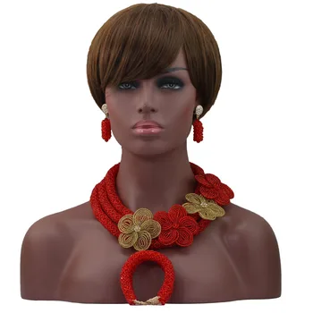 

2017 Red Costume African Jewelry Sets Pretty Flowers Brooches Bib Wedding Statement Necklace Set for Nigerian Brides HX696
