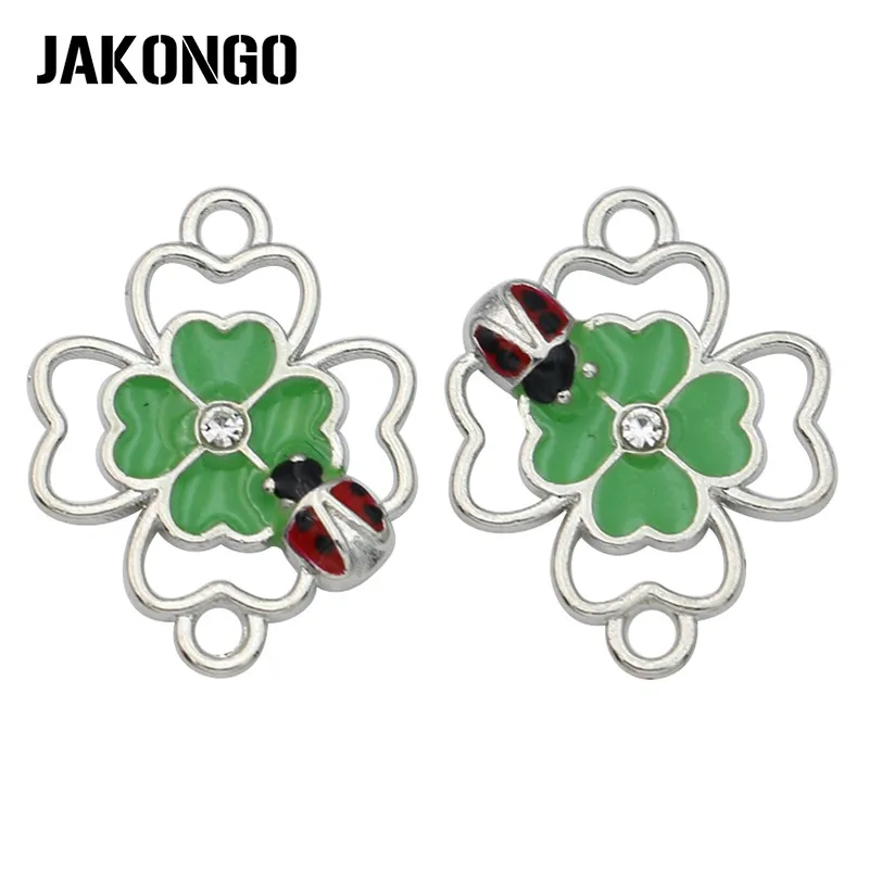 

JAKONGO Silver Plated Enamel Green Clover Connector for Jewelry Making Bracelet Findings DIY Accessories 21x16mm 5pcs