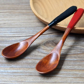 

20pcs/lot Japanese Wooden Spoon Black Red Handle Natural lacquer Ice Cream Wooden Spoon For Child