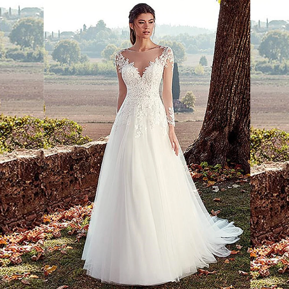 

2020 Vintage Lace Applique Long Sleeve Wedding Dresses Alluring Tulle Sheer Jewel Neckline A-line Bridal Gowns vestido de noche