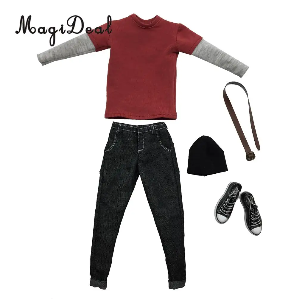 MagiDeal Cloth 1/6 Scale Mens Clothes Dark Gray Long T-shirt Denim Jeans Canvas Shoes Set for 12 Inch Male Action Figures Body