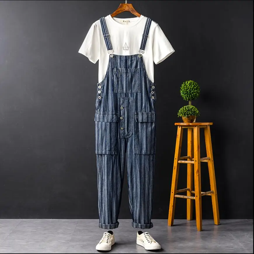 S XXL Japanese style fashion bib pants men's denim jumpsuit striped big