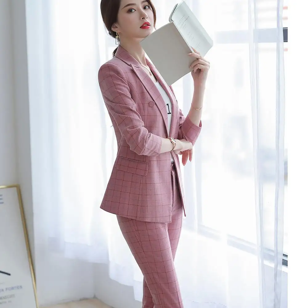 Women Pant Suit Two Pieces Set Size S-5XL Pink Brown Plaid Jacket Blazer With Plaid Trouser Sets Casual Fashion Suits