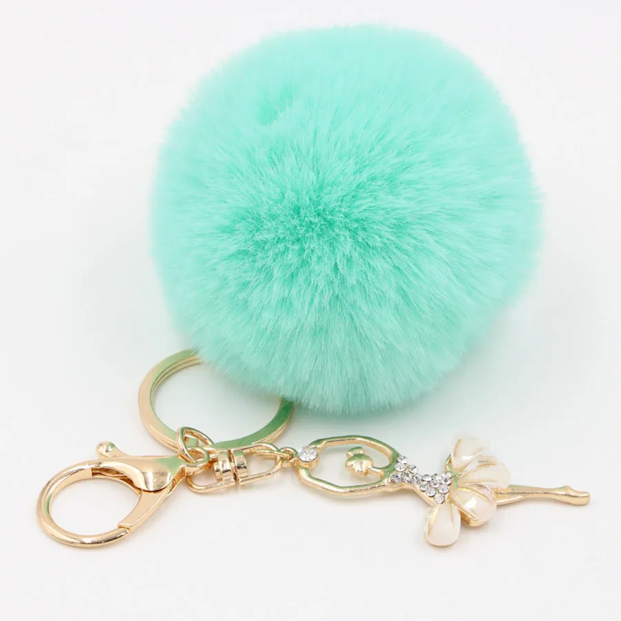 

Creative Golden Rhinestone Ballet Female Hair Ball Keychain Metal Car Pendant Plush Female Bag Keychain Sleutelhanger Pom Pom