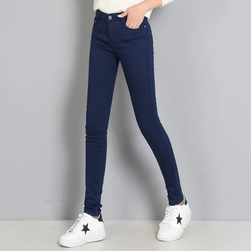 Зимние Стрейчевые толстые теплые штаны для женщин с высокой талией размера плюс черные брюки повседневные узкие брюки-карандаш женские брюки для бега s - Цвет: Navy blue