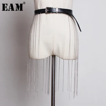 

[EAM] 2020 New Spring Summer Pu Leather Black Chain Rhinestone Stitch Personality Belt Women Fashion Tide All-match JT461