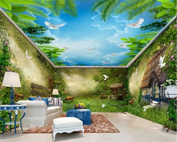 

beibehang Dreamy three-dimensional silk cloth 3d wallpaper forest hut bird house wall background painting papel de parede behang