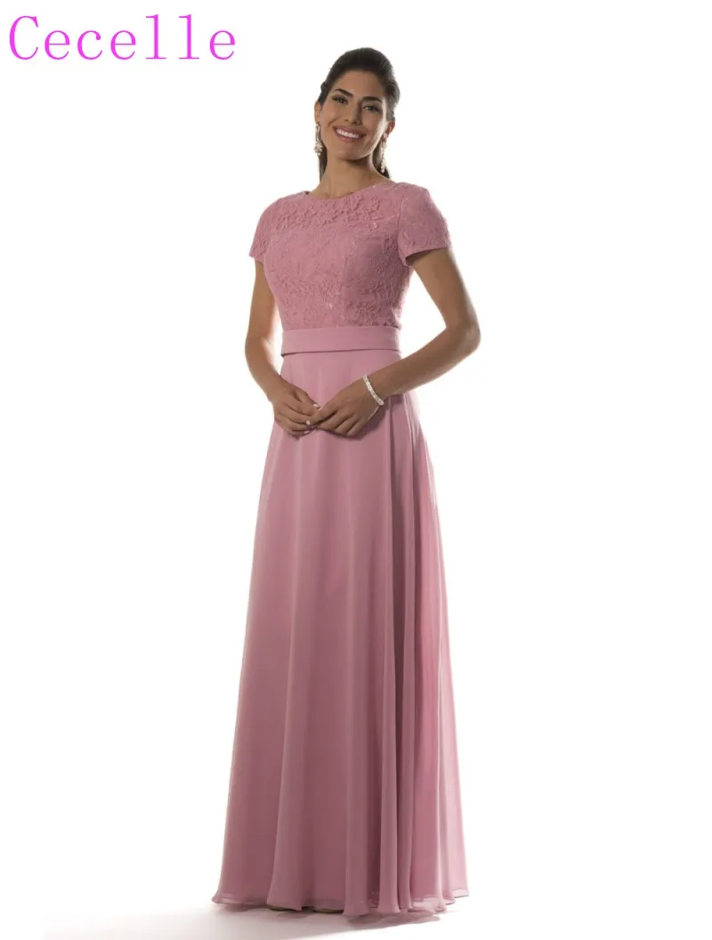 Розовое Кружевное шифоновое длинное скромное платье подружки невесты с короткими рукавами ТРАПЕЦИЕВИДНОЕ платье в пол для подружки невесты на заказ