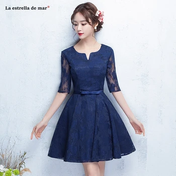 

Vestido madrinha new lace sexy V neck half sleeve A Line navy blue red silver black bridesmaid dress short wedding party gown