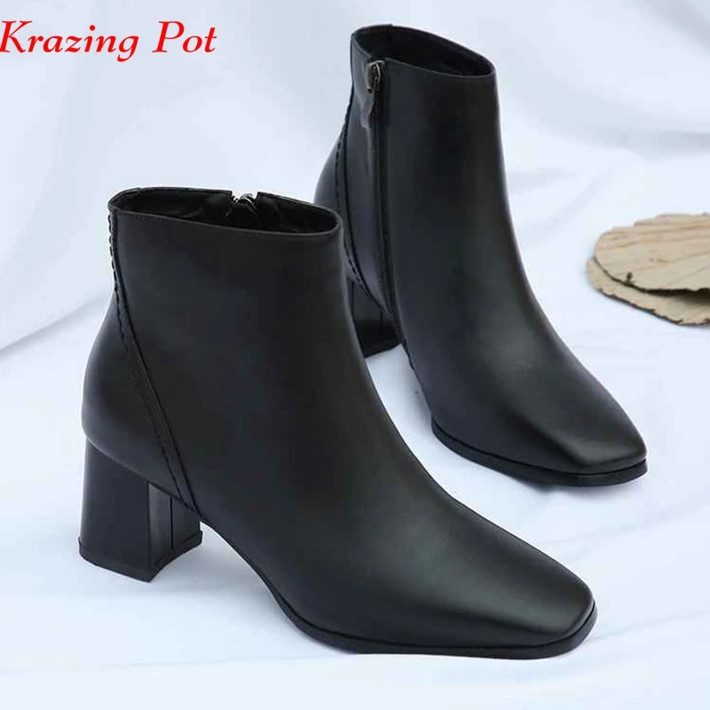 

Krazing pot genuine leather gorgeous square toe thick med heels handmade high quality for women British school ankle boots L09