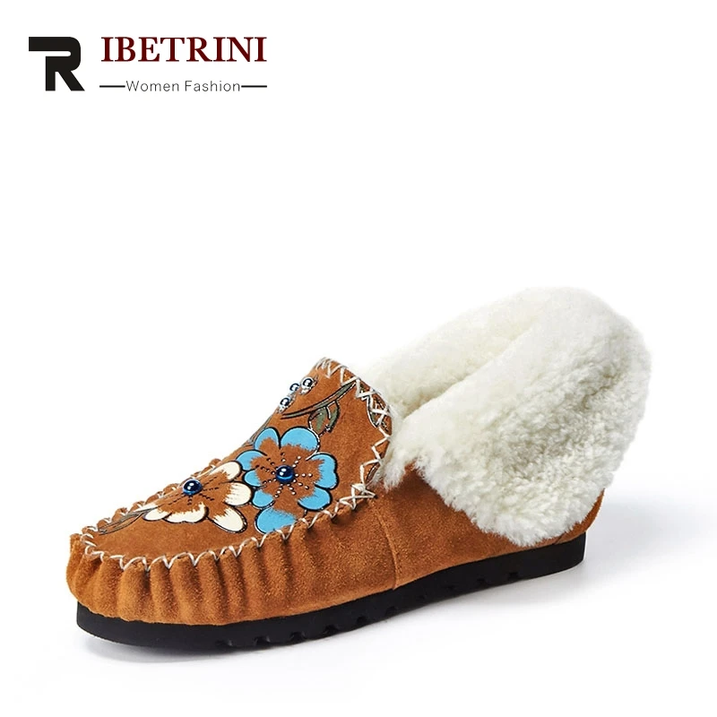 

RIBETRINI 2017 Winter Fashion Cow Suede turned-over Edge Shallow Loafers Sewing Warm Fur Flower Women Shoes Large Size 33-43