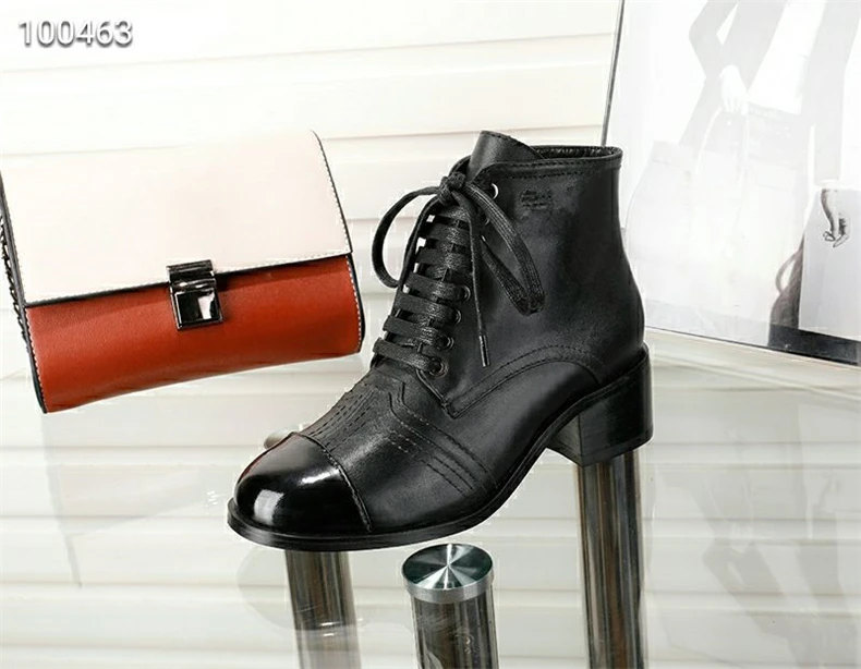 

2018 New Winter Genuine Leather Ankle Boots For Women Round Toe Patchwork Brogue Shoes Lace Up Chunky Heel Martin Boots Real Pic