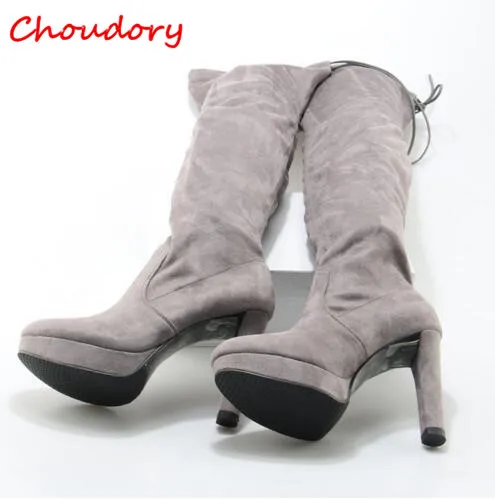 Choudory Slim Women Thigh High Stretch Boots Gray Suede Female Platform High Heel Long Boots Slip On Round Toe Black Women Shoes Choudory Slim Women Thigh High Stretch Boots Gray Suede Female Platform High Heel Long Boots Slip On Round Toe Black Women Shoes