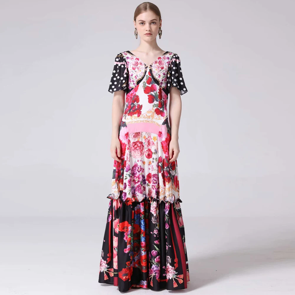 

Red RoosaRosee Runway Summer Women Red Floral Print Sexy V Neck Elegant Holiday Long Maxi Dress Robe Boho Party Vestidos Dresses