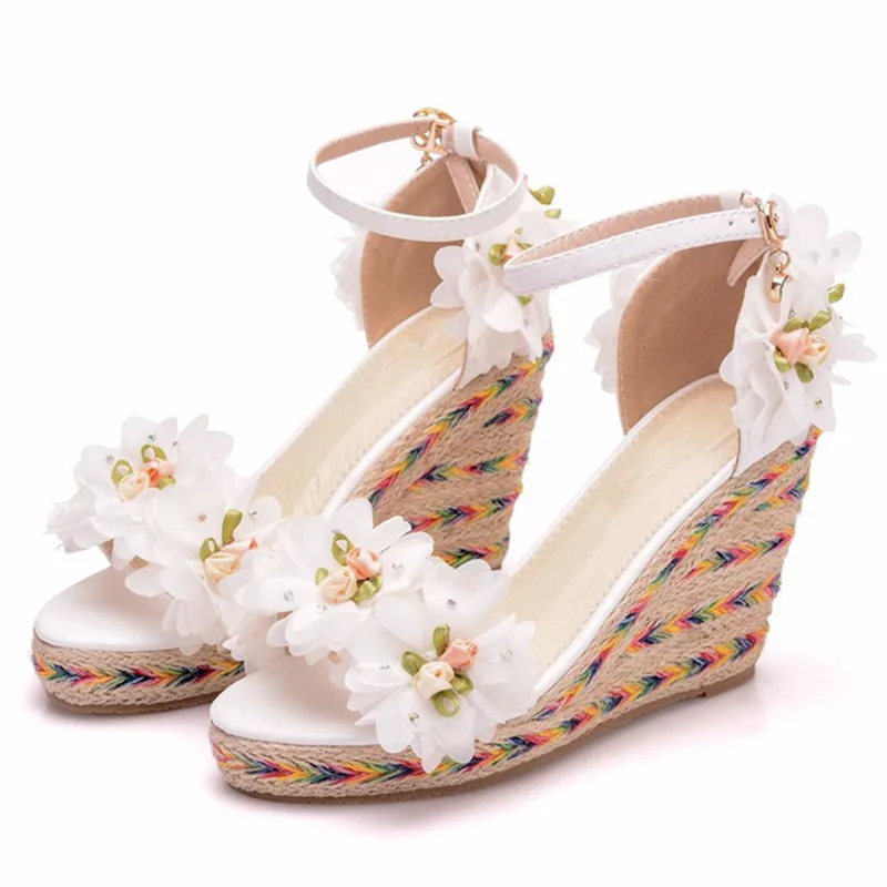 

Ivory White Flora Platform Sandals Open Toe Bride Wedding Shoes Plaited Wedges Zapatos De Mujer Ankle Buckle Sapato Feminino