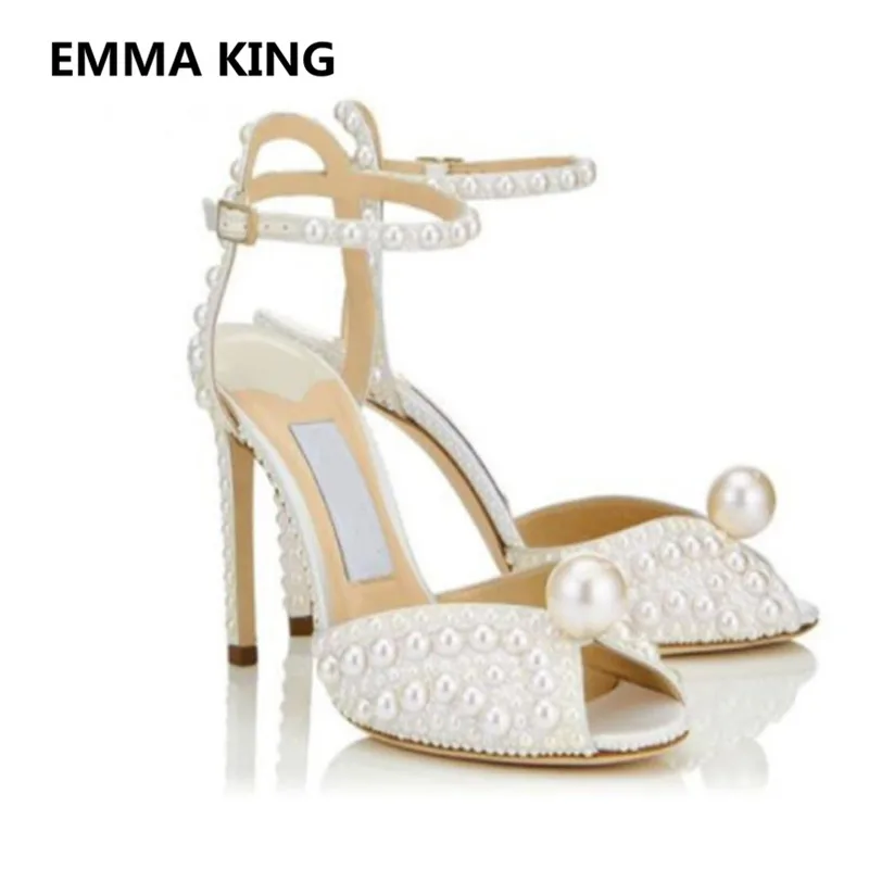 

White Pearls Studded Women Gladiator Sandals Sexy High Heels Elegant Party Wedding Shoes Woman Summer Roman Thin Heels Sandals