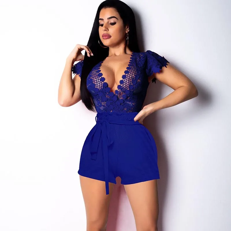 

Plus seze jumpsuit women Lace Bodice V-neck Tie Waist Romper womens jumpsuits Summer 2019 short rompers sexy combinaison femme