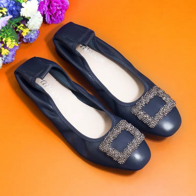 Handmade 100% Genuine Leather Women Shoes Simple style Footwear Women soft Cowhide Loafer Crystal Buckle Lady  Ballet Flat Shoes (3)