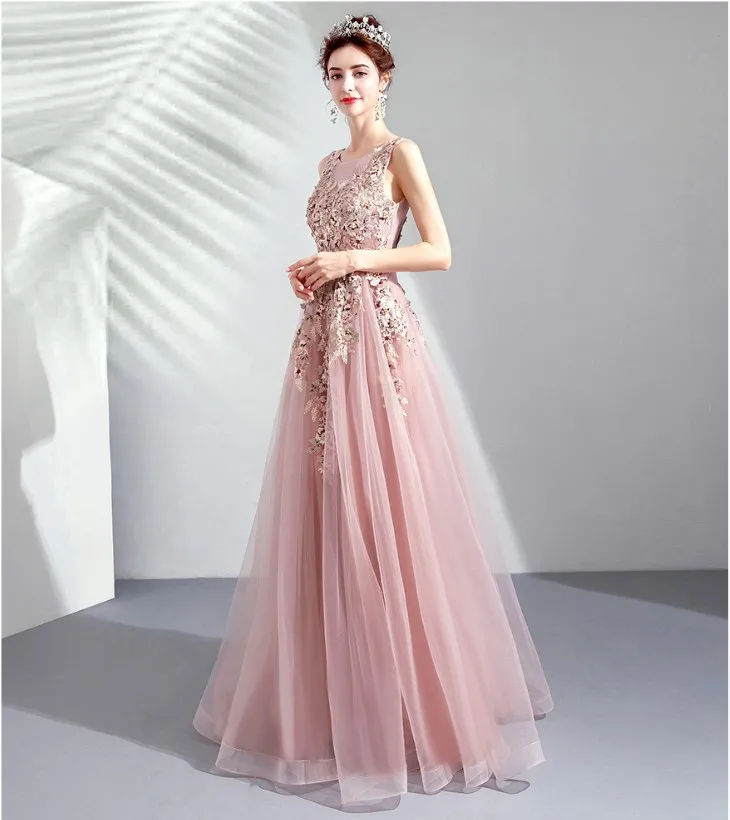 

Pink Evening Dresses Long 2019 Applique Lace Robe De Soiree Formal Dress Party Vestido De Festa Longo Sexy Evening Party Dresses