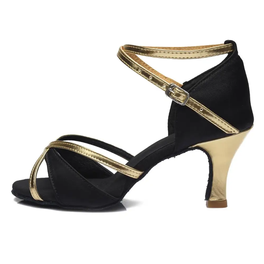 Качественная бальная профессиональная танцевальная обувь для латинских танцев для женщин/девочек/женщин Танго и сальса на высоком каблуке, домашняя танцевальная обувь из искусственной кожи/атласа - Цвет: 7cm Black1