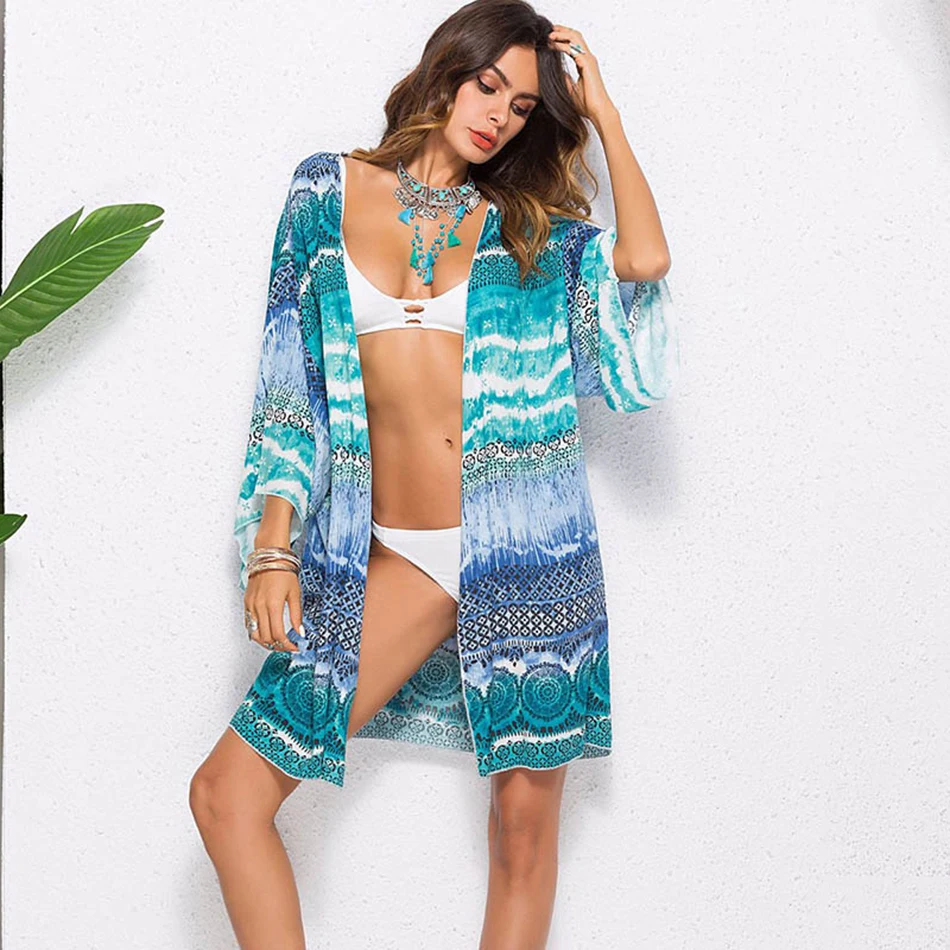 2018 New Beach Cover Up Retro Print Bikini Cover-Up Swimwear Women Robe De Plage Beach Cardigan Bathing Suit Cover Ups