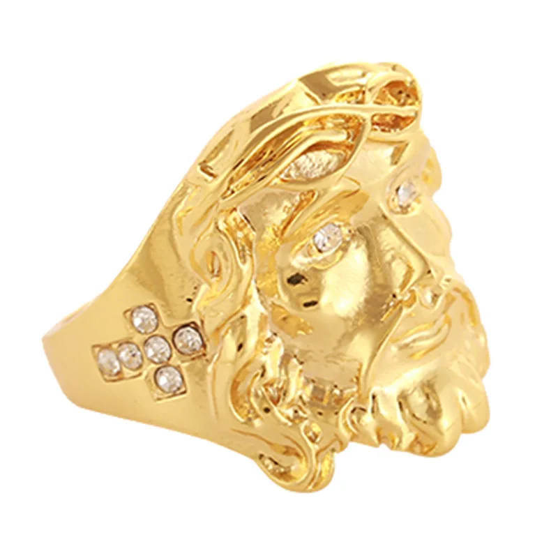 

Golden Cross New fashion 24k Gold Hip Hop Bling Bling Crystal Cross Jesus Piece Religious Ring Fashion Charm Punk Jewelry