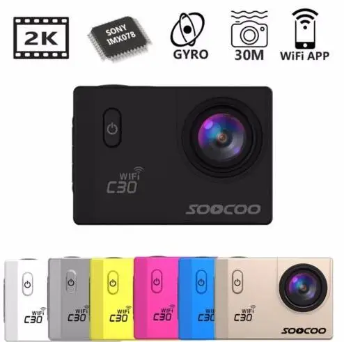 soocoo C30 Wi-Fi, со сверхвысоким разрешением Ultra HD, 2 K 2,0 Экран 170 градусов Регулируемый Водонепроницаемый для занятий спортом на открытом воздухе Камера