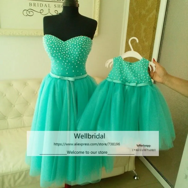 Kids-Pageant-Ball-Gowns-Pearls-Mint-Green-Flower-Girl-Dresses-For-Weddings-2016-Mother-and-Daughter