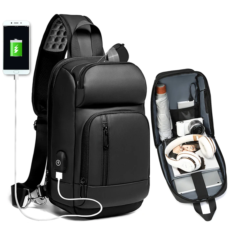 

Crossbody Bag Black Water Repellent Shoulder Bag Men USB Charging Port 9.7 inch Ipad Teenager Chest Pack Fashion a1820