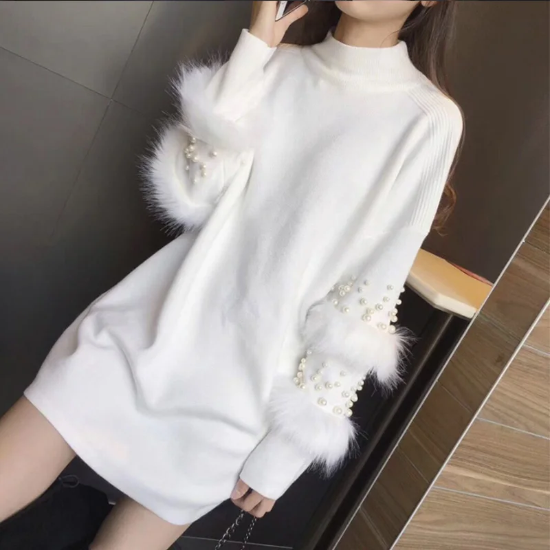 Winter Long Sweaters Women Casual Pullover Jumpers Real Rabbit Fur Sweater pull femme Pullovers bead Pearl turtleneck jumper