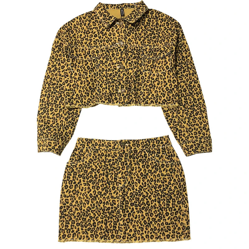 

Women 2pcs leopard hippie crop top jacket outwear and skirt set suit cropped xs s m l