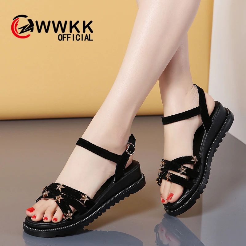 

WWKK 2019 Summer Women Flat Sandals Shoes Woman Casual Beach Sweet Flock Wedges Buckle Ladies Shoes Thick Heel Gladiator Sandals