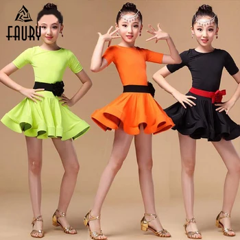 

High Quality Girls Latin Dance Costumes Children Solid Latin Dancer Apparel with Belt Kids Competition Dancing Clothes Dresses