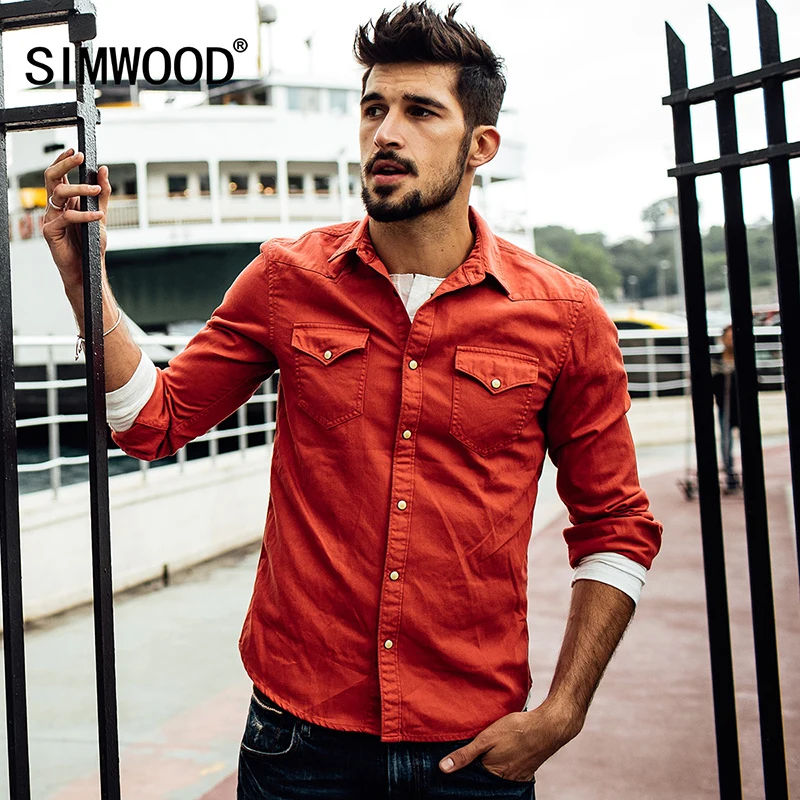 SIMWOOD New Item Fashion Solid Color Turn down Collar Slim With Pocket Two Color Men Shirt