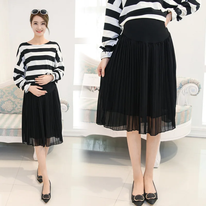 BONJEAN nueva primavera faldas de maternidad moda chifón cuidado vientre A-Line Falda plisada alta cintura negro y gris ropa de embarazo