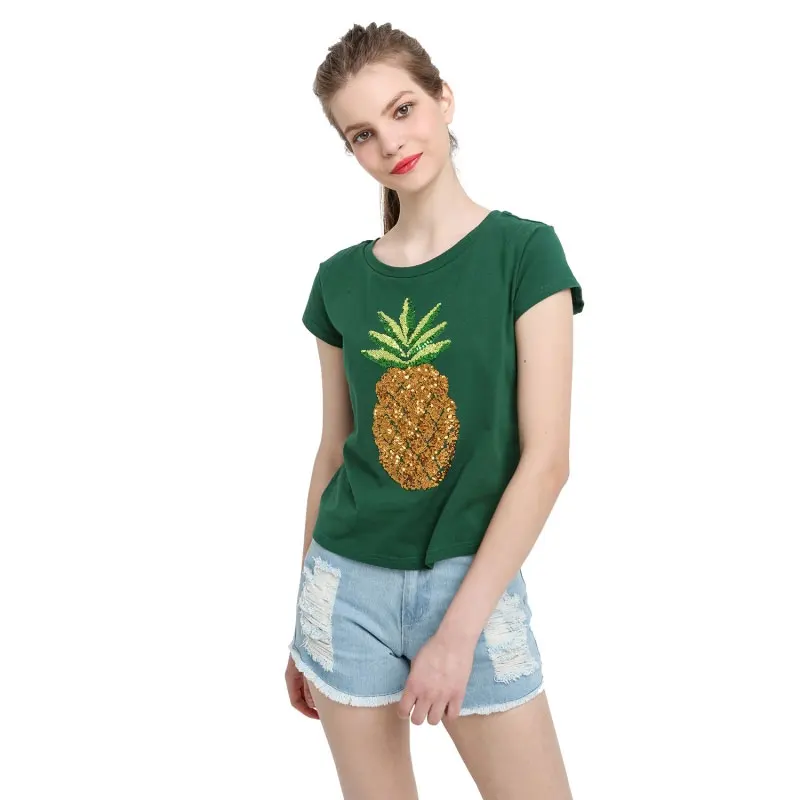 HDY Women T-shirts 2017 Summer Pineapple Sequined T Shirts Beading Tee Women Casual Short Sleeve Green Shirt chemise tube blusa Tops