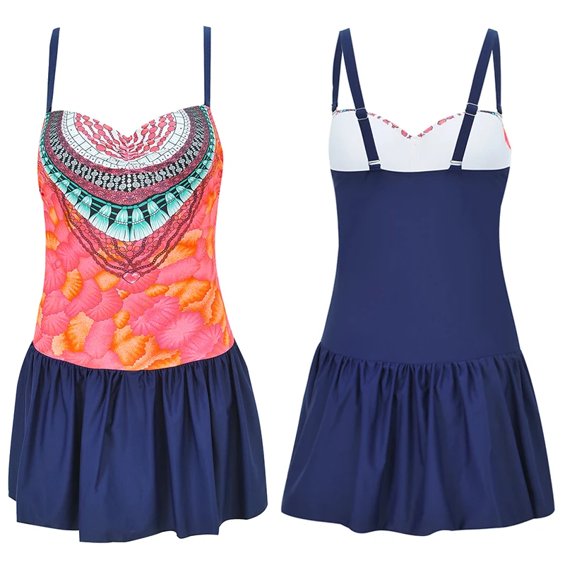 

2017 Print One Piece Swimsuit Plus Size Swimwear Women Retro Beach Skirts Women Push Up Bathing Suit Beach Dress