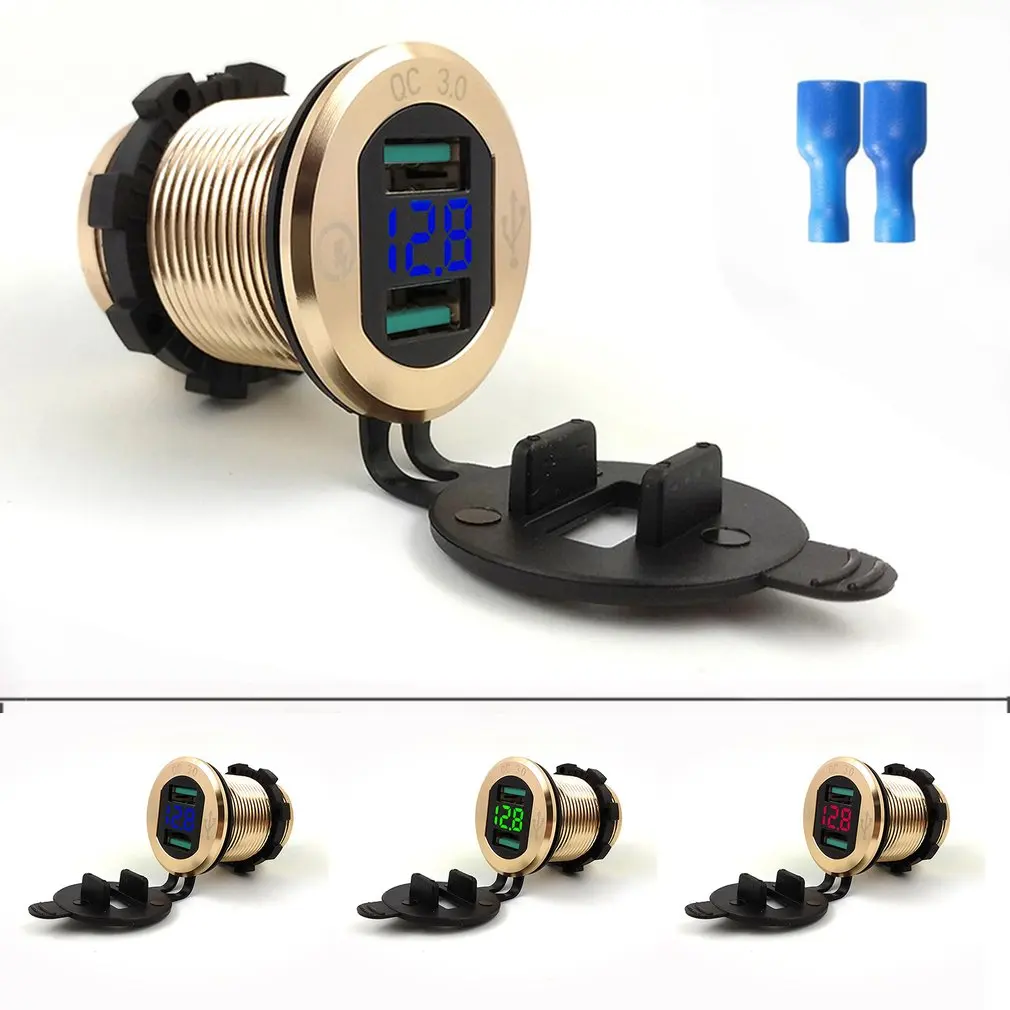 

9V 12V 18W Car Charger Charge Socket QC3.0 USB Port LED Volt Display for Phone Tablet NavigatoGold Shell Blue Lamp