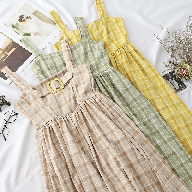 

SKOONHEID Women print plaid dress summer strap france style elastic slim sleeveless A line green yellow pink long dresses