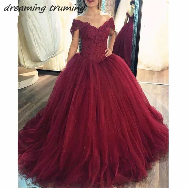 

Burgundy Ball Gowns Quinceanera Dress 2019 Wine Red Tulle Lace Appliques Vestido de 15 anos de debutante Sweet 16 Dresses