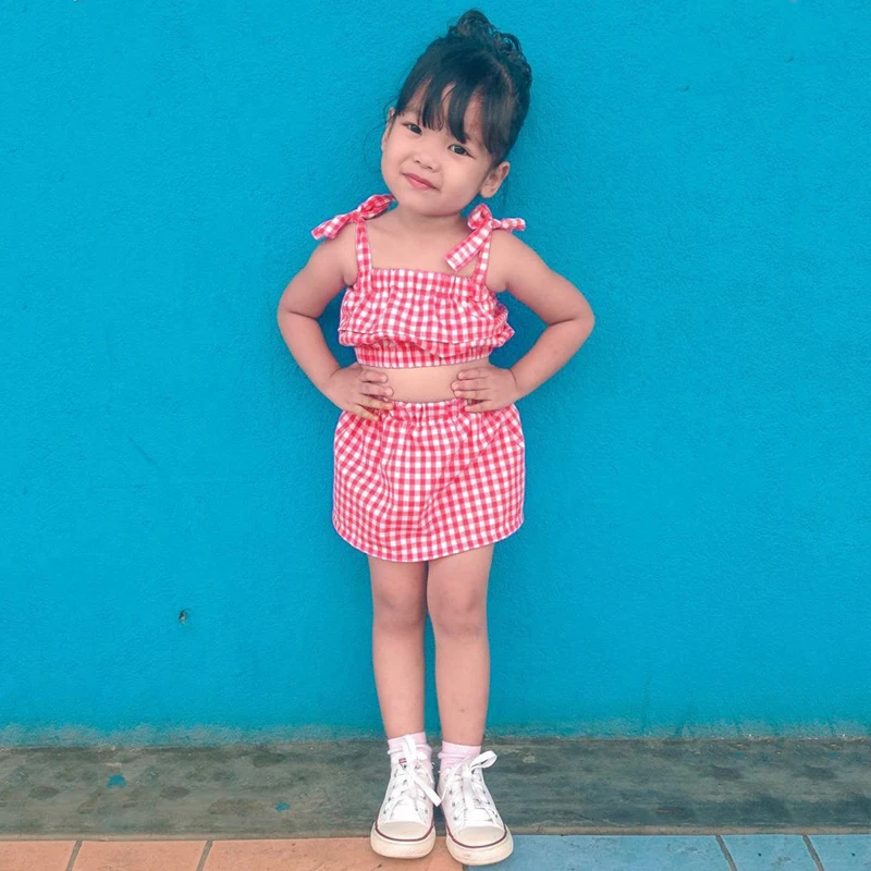 

Summer Children's Girls Clothes Stylish Kids Baby Girls Cute Tops+Plaid Lovely Mini Skirt Dress 2pcs children Outfits