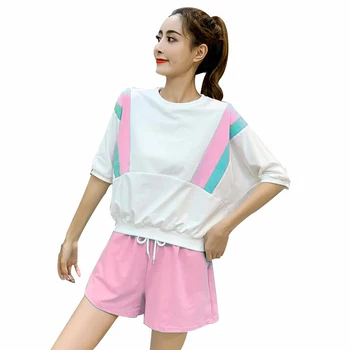 

Rlyaeiz High Quality 2019 Summer 2 Piece Set Women Sportswear Fashion Casual Color Patchwork T shirts + Shorts Female Sweat Suit