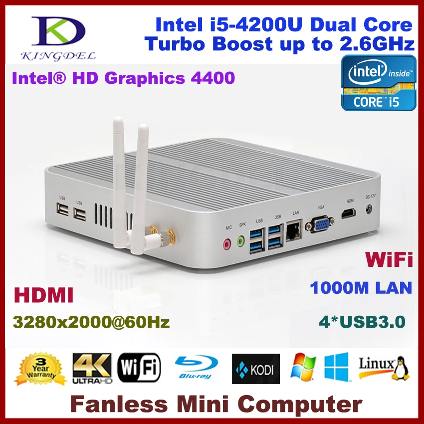 Intel i5-4200U процессора 3280* 2000 мини-пк, Неттоп с 2 ГБ оперативной памяти, 24 ГБ SSD 640 ГБ hdd, 4* USB 3.0, Микро-hdmi, Безвентиляторный, Wi-fi, Кронштейн