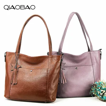 

QIAOBAO 100% Genuine Leather Women Large Cowhide Totes Top-handle Bags Women Handbags Female Shoulder Bags Feminina Bolsos