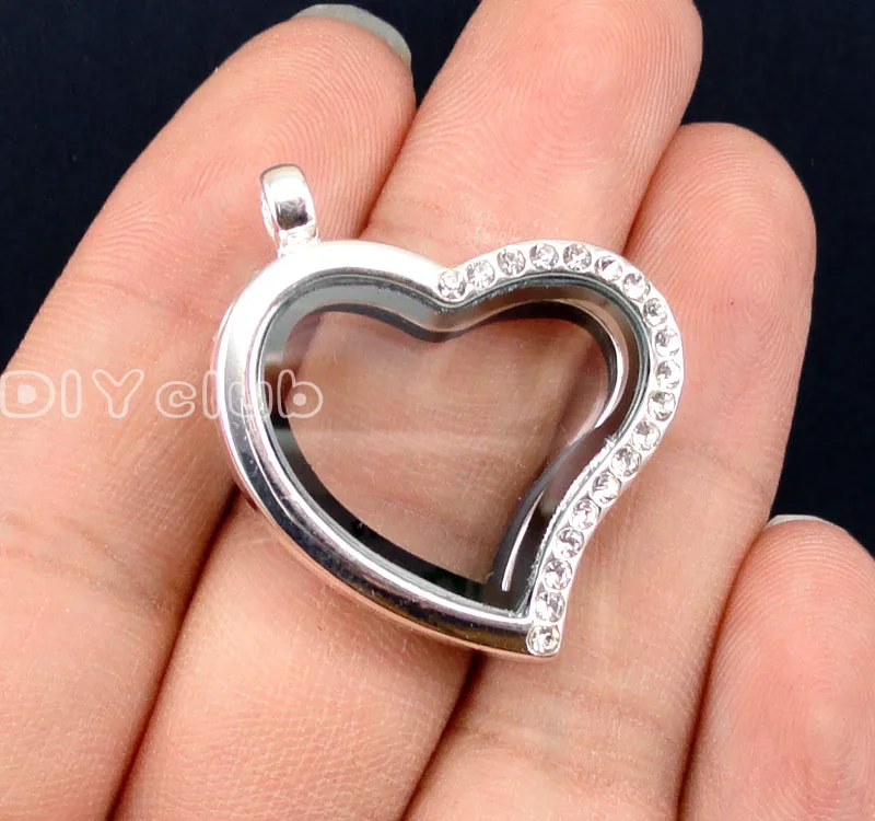 2pcs-Bright Silver Heart Shape Floating Locket with Rhinestone Glass locket pendant Memory Lockets for necklace 31x29mm | Украшения и