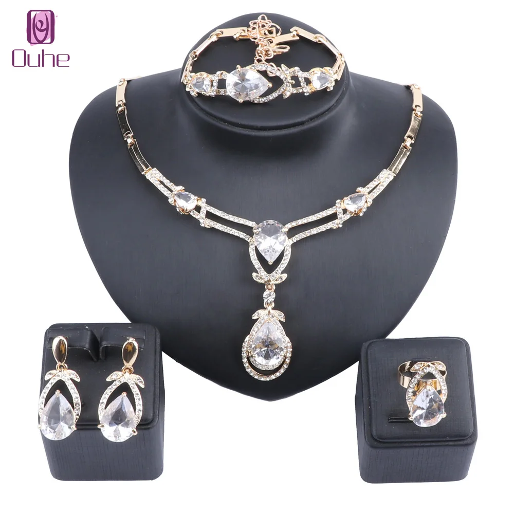 

Women Bridal Austrian Crystal Zircon Necklace Earrings Bracelet Ring Jewelry Set Gifts Fit Wedding Dress