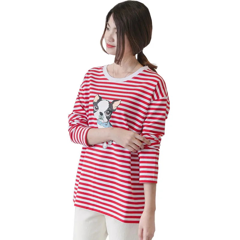 Contrast Color Striped Cute Pregnant T shirt Large Size Autumn Tops Maternity Wear O-Neck Long Sleeve Funny Maternity Shirt